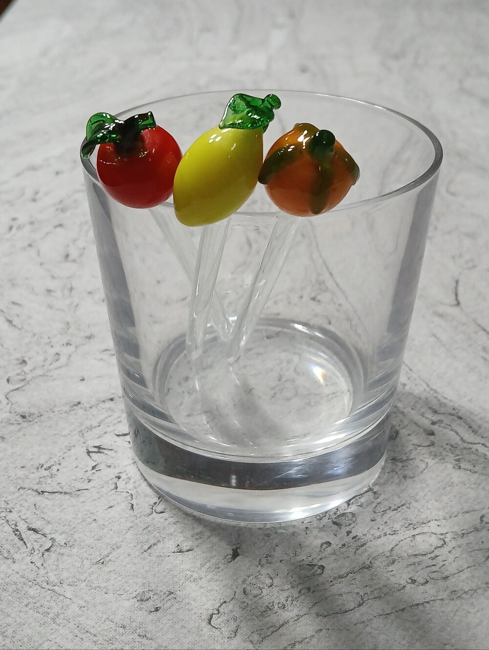 Handblown Art Glass Fruit Swizzle Martini Cocktail Sticks Picks Set of 3 EUC